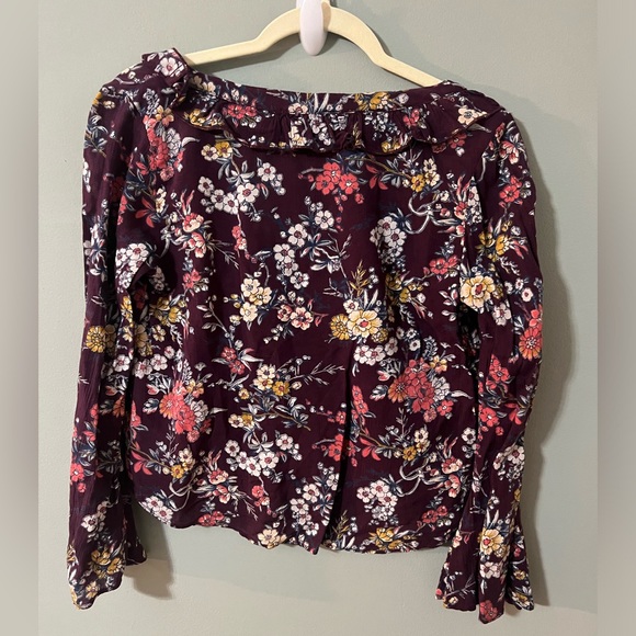 AE Floral Purple Boho Chic Long Sleeve Peasant Blouse, Tie-Up V-Neck, Small - Picture 9 of 9